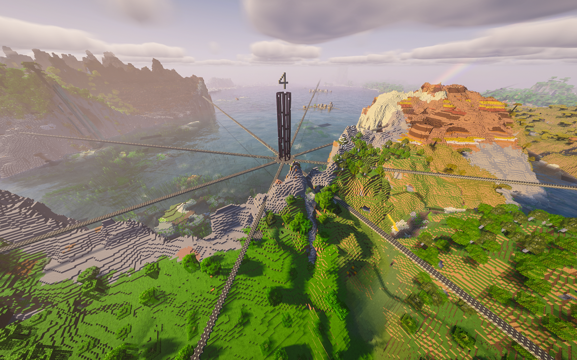 Elevated highways cross a mountainous Minecraft landscape and converge at a tall central tower topped with a 4, above the water.